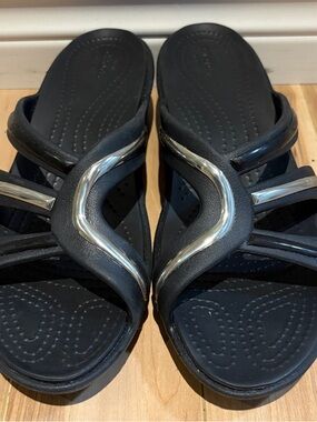 CROCS Black Slip-On Sandals with Silver Accents